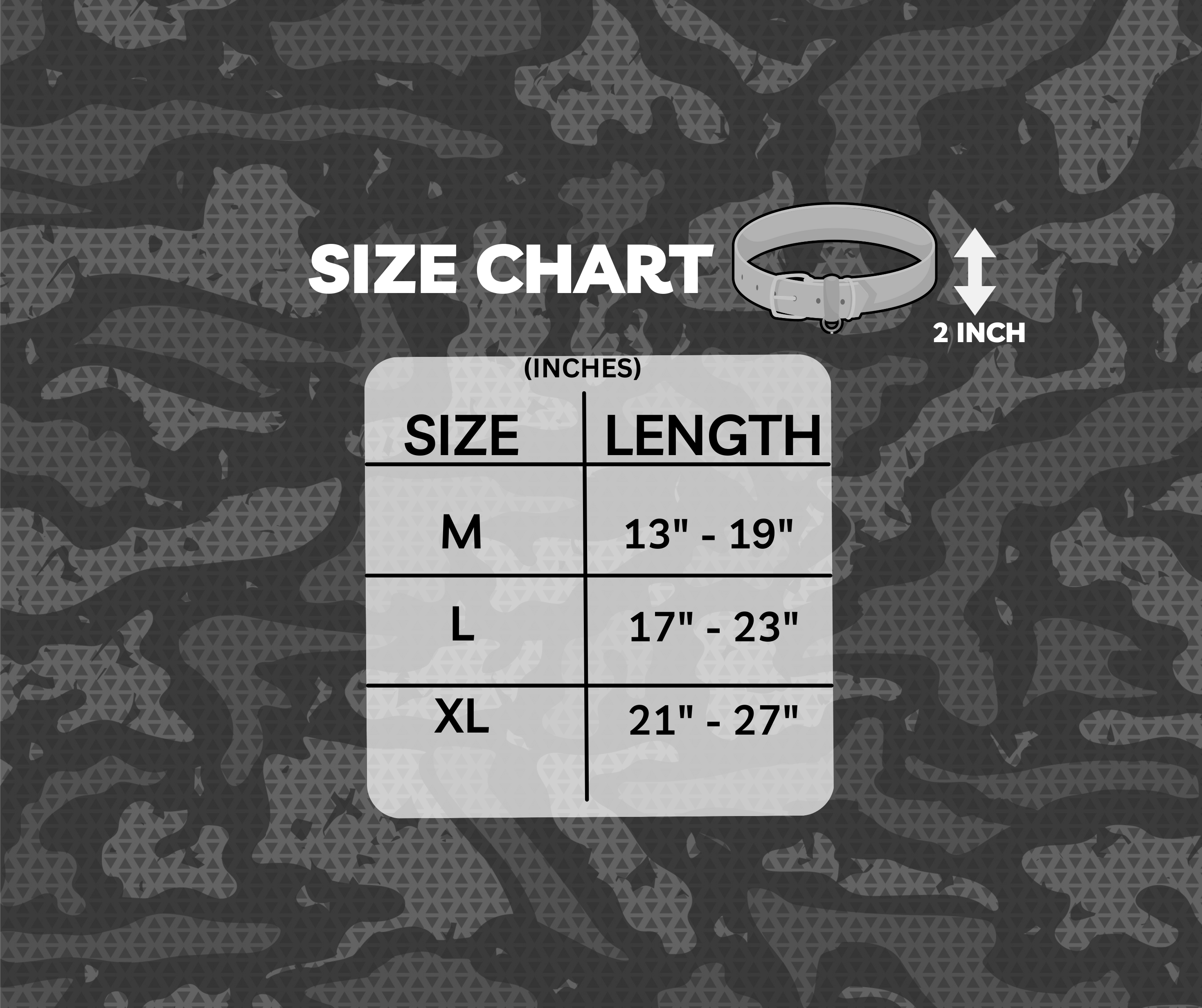 A size chart graphic for a ring, showing a small ring illustration and a table with sizes S, M, and L and their corresponding inch lengths, set over a dark gray camouflage pattern background.