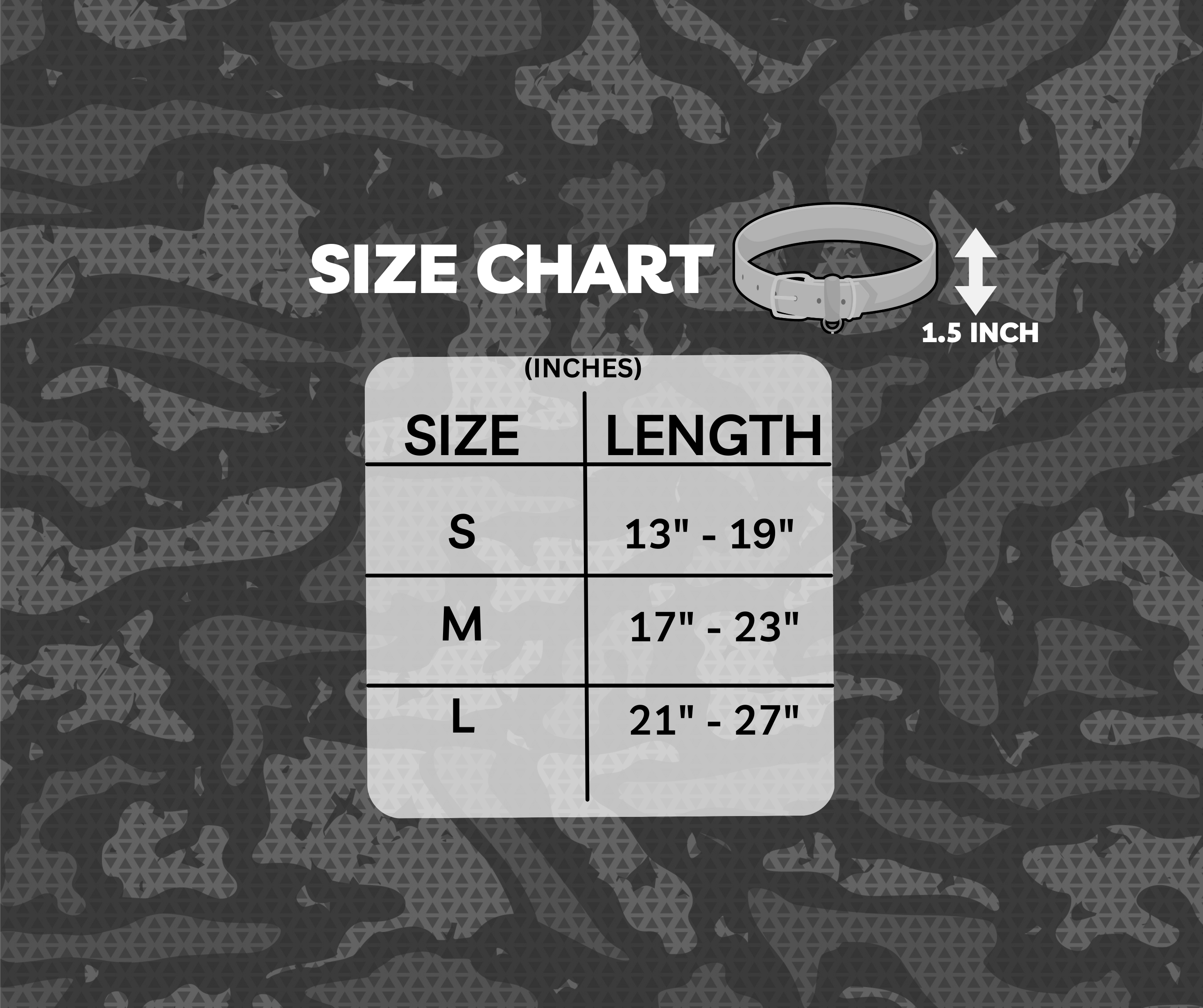 A size chart graphic for a ring, showing a small ring illustration and a table with sizes S, M, and L and their corresponding inch lengths, set over a dark gray camouflage pattern background.
