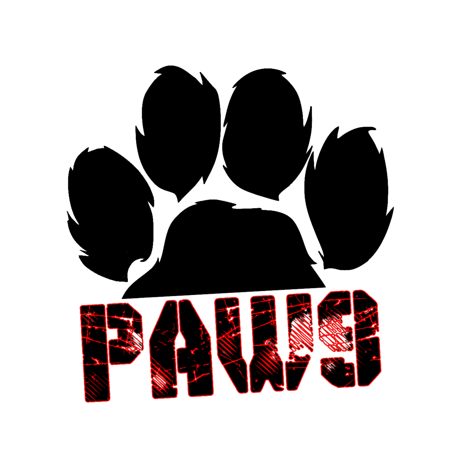 A black paw print graphic above the word "PAWS" in textured red and black lettering on a plain white background.