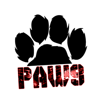 A black paw print graphic above the word "PAWS" in textured red and black lettering on a plain white background.