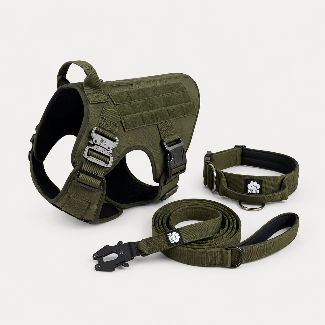 Olive green tactical dog gear set from Paw 9 Gear, including harness, leash, and accessories for outdoor adventures.