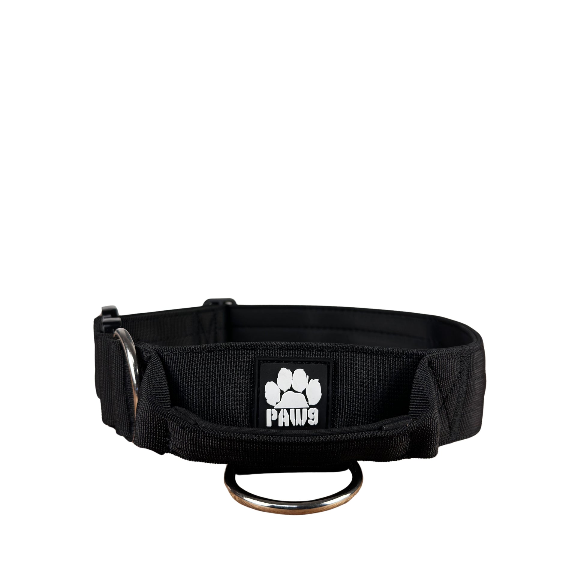Black 2-inch dog collar with Paw 9 Gear logo, durable nylon strap for large dogs.