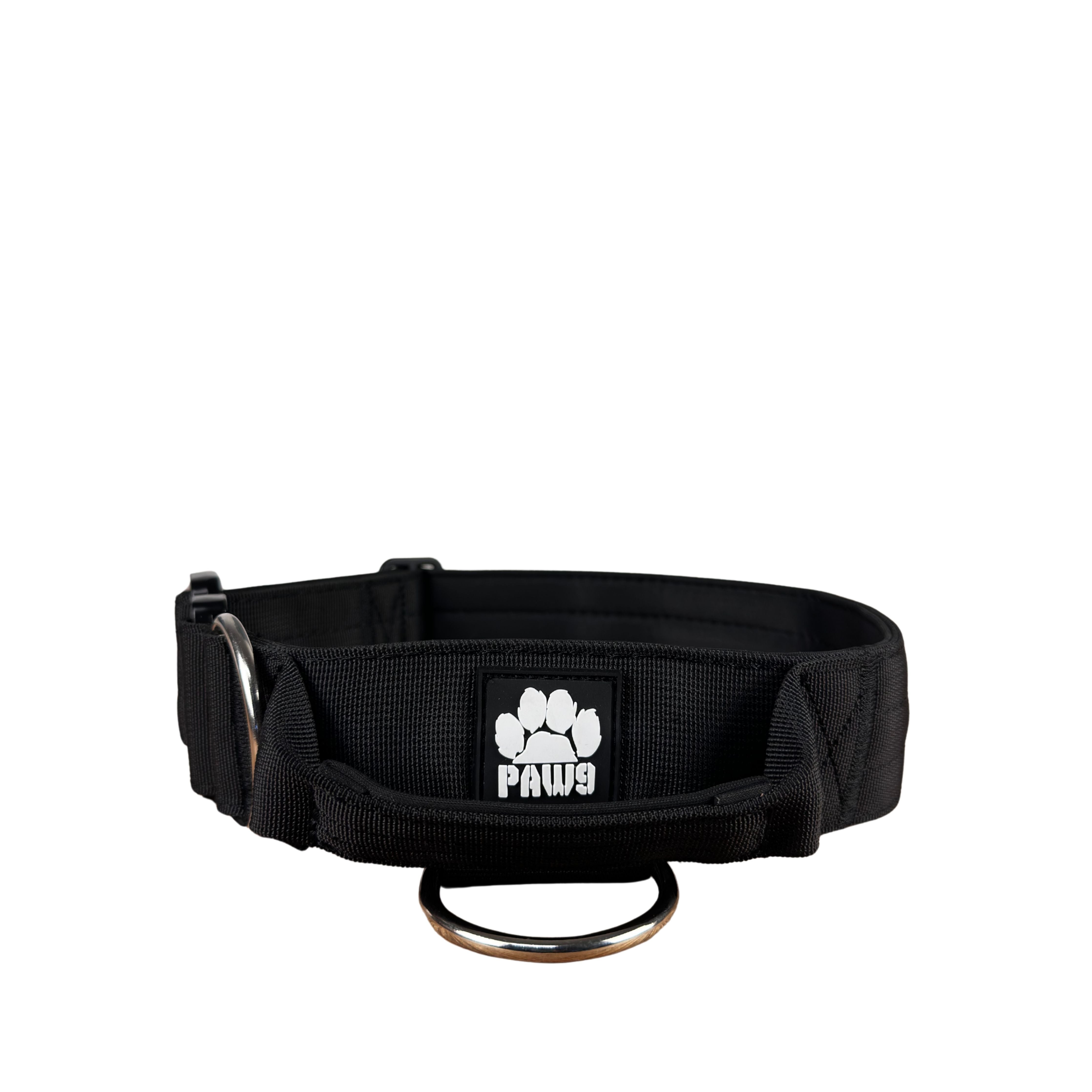 Black 2-inch dog collar with Paw 9 Gear logo, durable nylon strap for large dogs.
