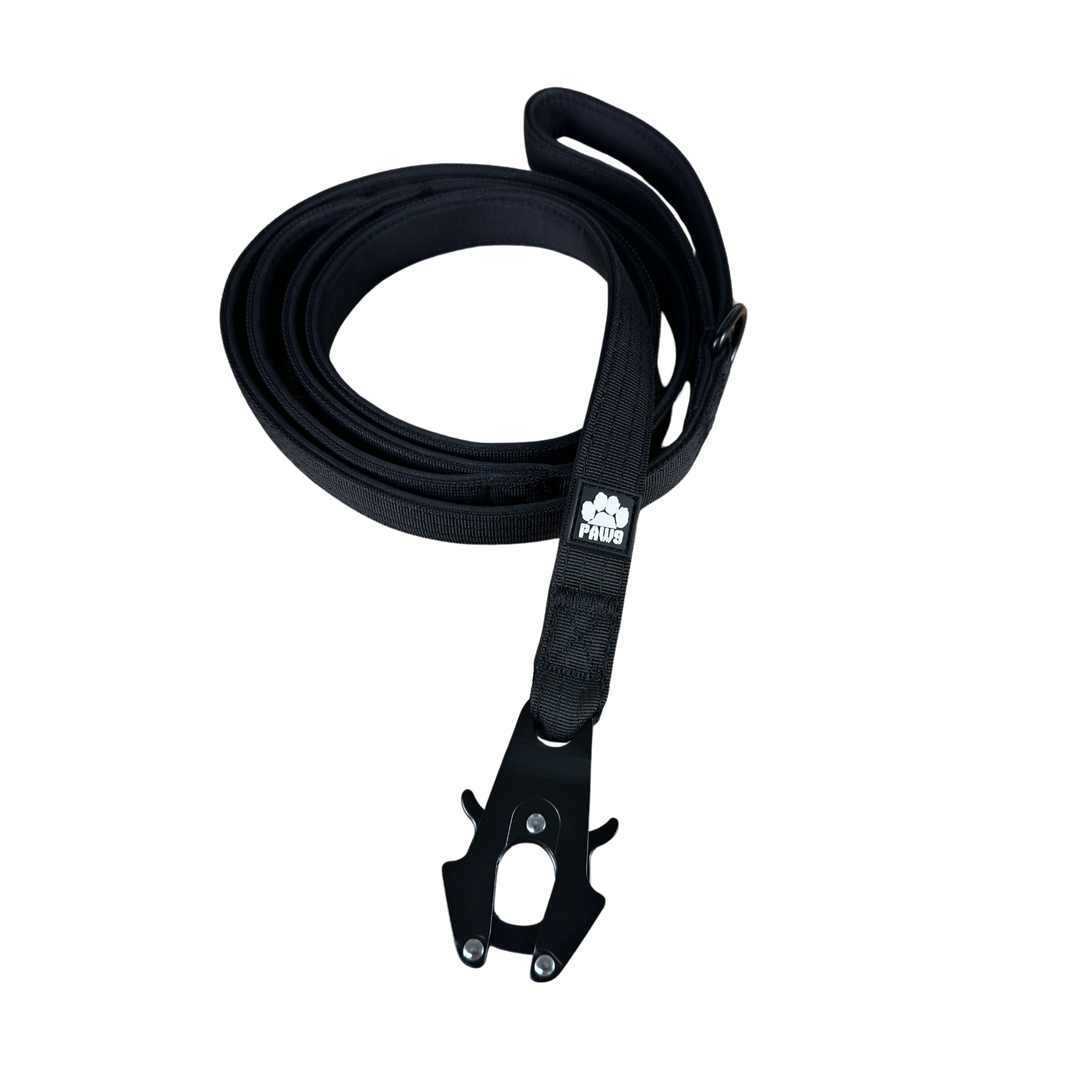 Black 6ft dog leash from Paw9 Gear, durable nylon rope leash with a metal clip for secure walking of pets.