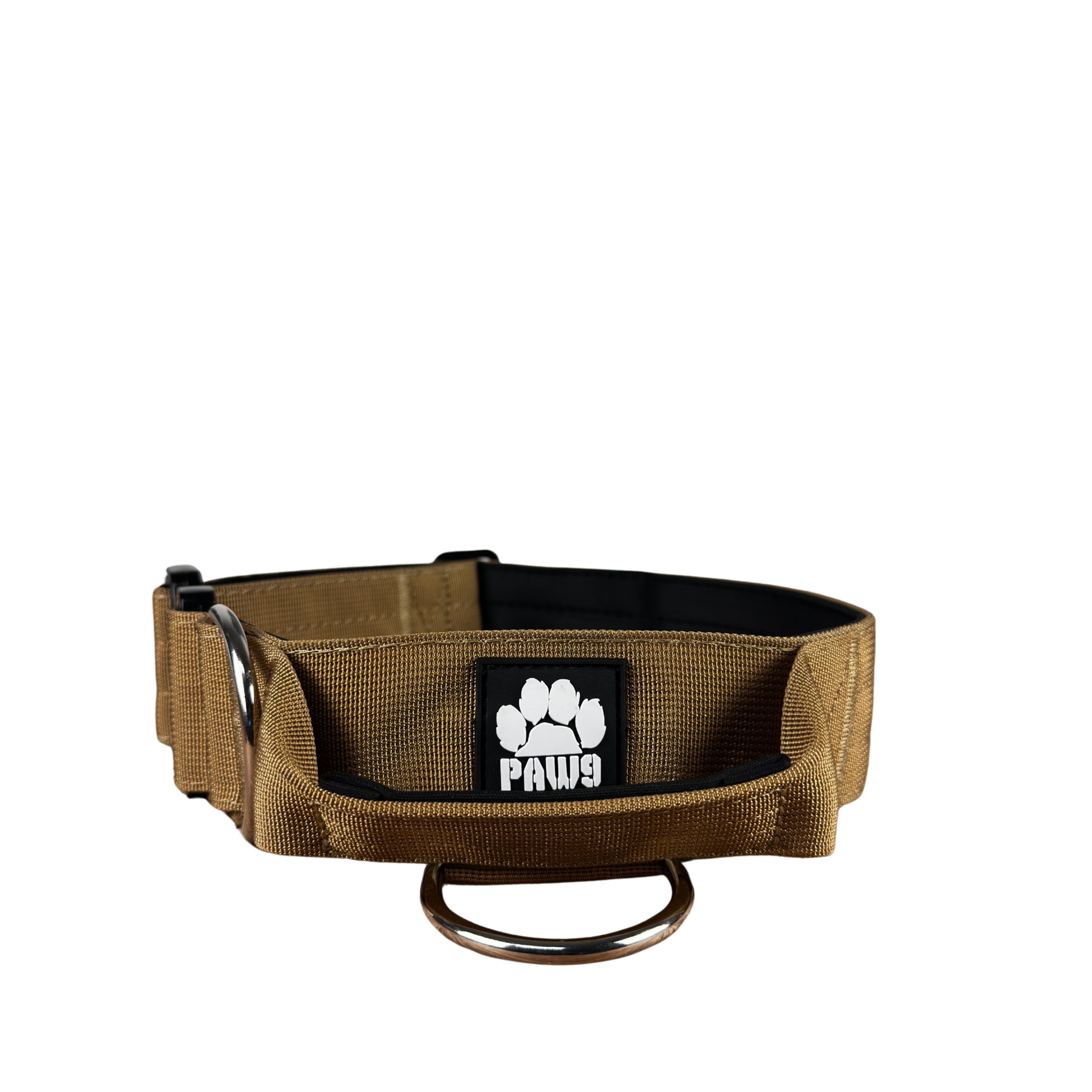 Khaki 1.5-inch Paw 9 Gear dog collar with logo, adjustable strap, and sturdy hardware for medium to large dogs.