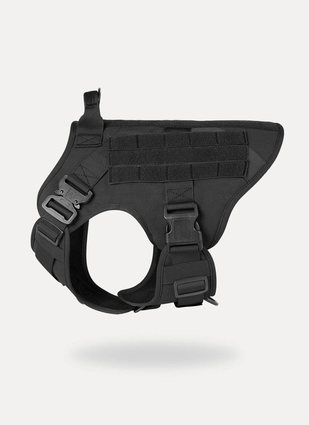 Black tactical dog harness by Paw 9 Gear with adjustable straps and durable material for outdoor safety and control.