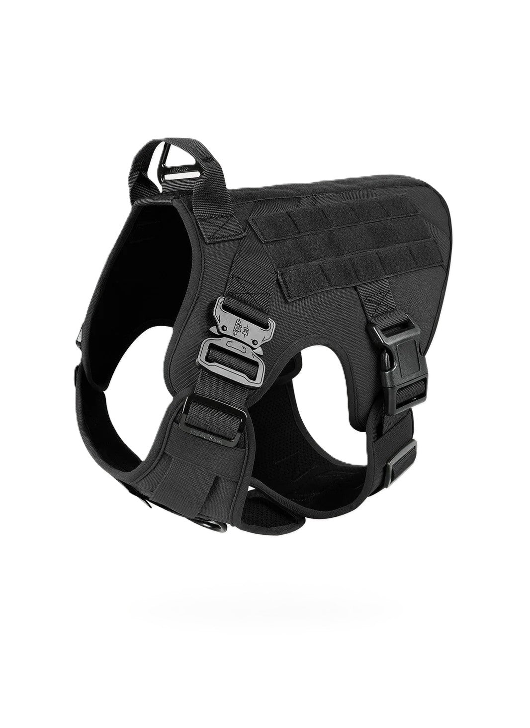 Black tactical dog harness by Paw 9 Gear with adjustable straps and durable material for outdoor safety and control.