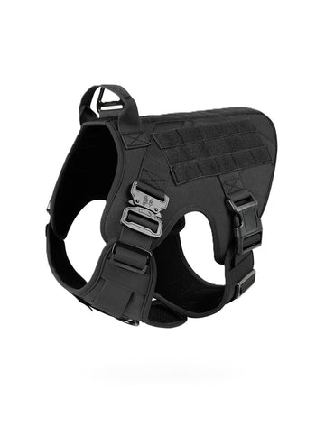 Black tactical dog harness by Paw 9 Gear with adjustable straps and durable material for outdoor safety and control.